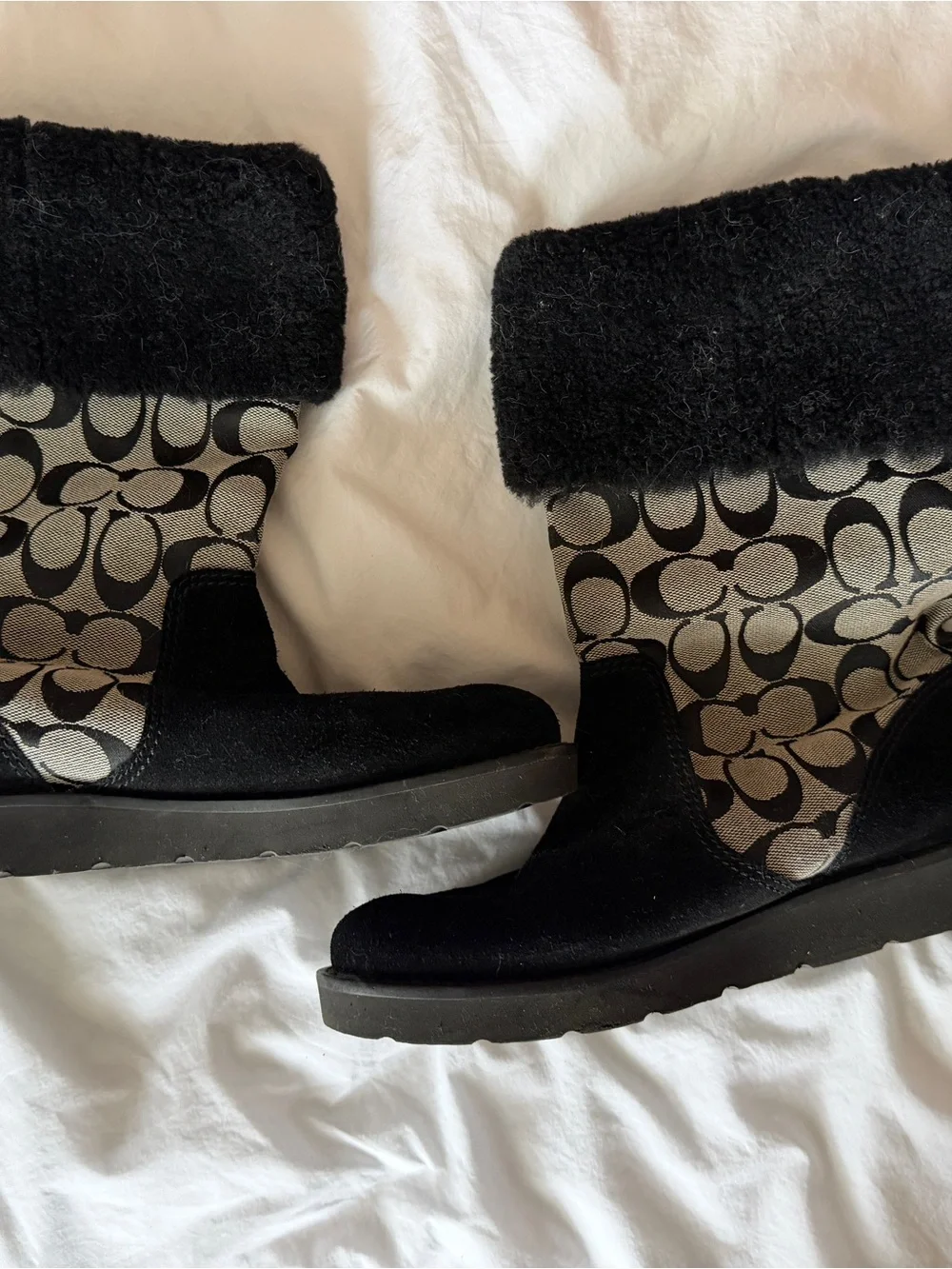 Coach Black and Beige Monogram Shearling Cuff Boots